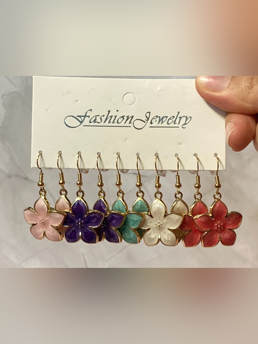 Five Floral Enamel Drop Earrings – Pink, Purple, Teal, White, Hot Pink/Red